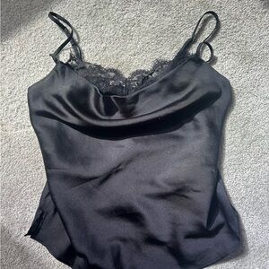 Silky Black Satin Camisole with Lace Trim